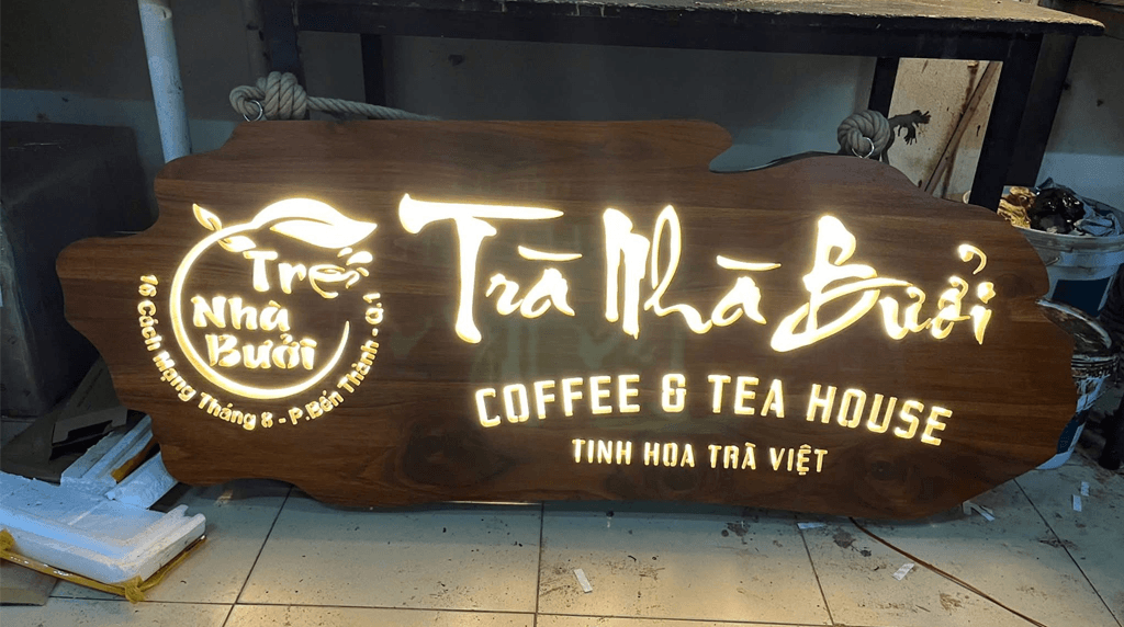 bảng hiệu gỗ trà nhà bưởi coffee and tea house