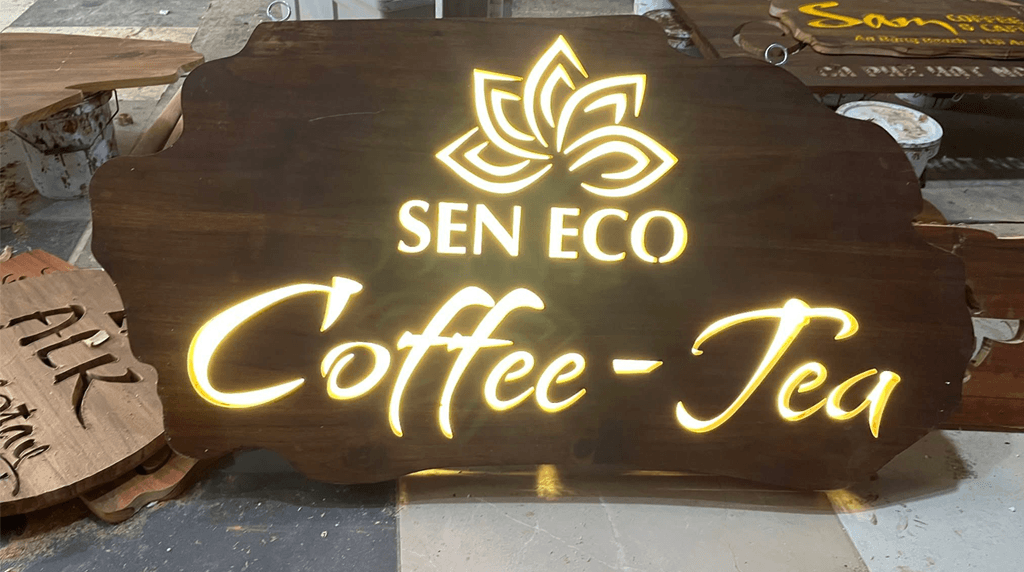 mẫu bảng hiệu treo gỗ sen eco coffee tea